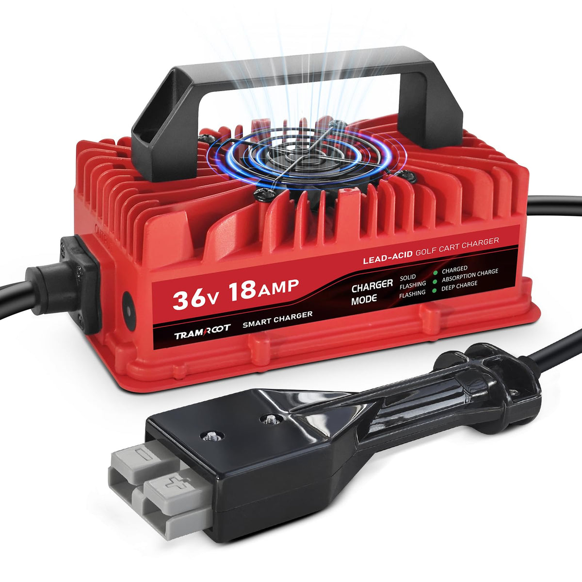 TRAMROOT 18A charger front view enabling fast plug and play EZGO Marathon charging