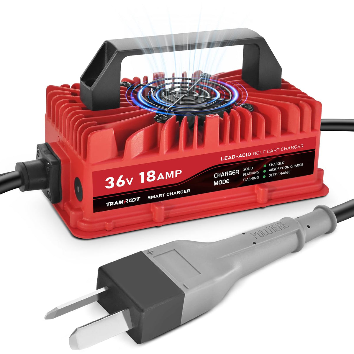 TRAMROOT 18-Amp golf cart charger with crowfoot plug for quick, reliable charging.