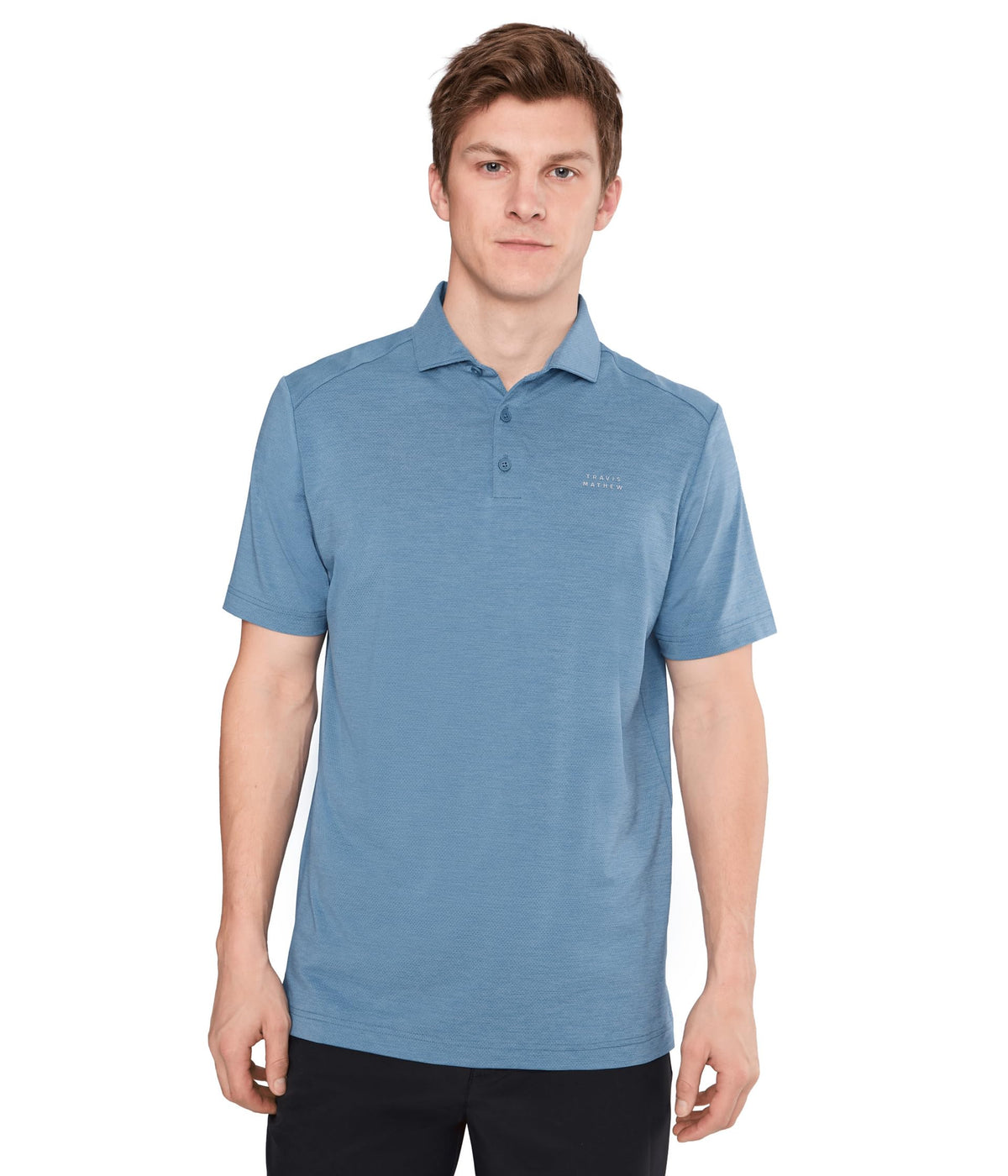 TravisMathew Heater Active Polo closeup of collar showing lightweight stretch for easy movement
