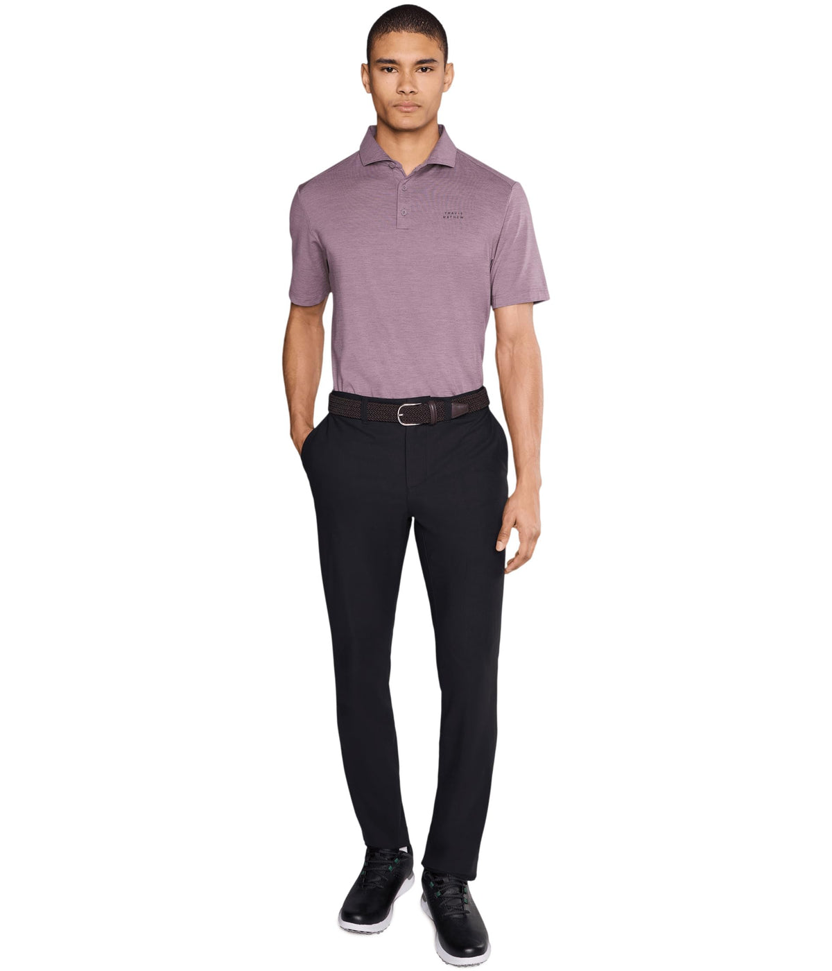 TravisMathew Heater Active Polo collar detail for clean lines and comfort