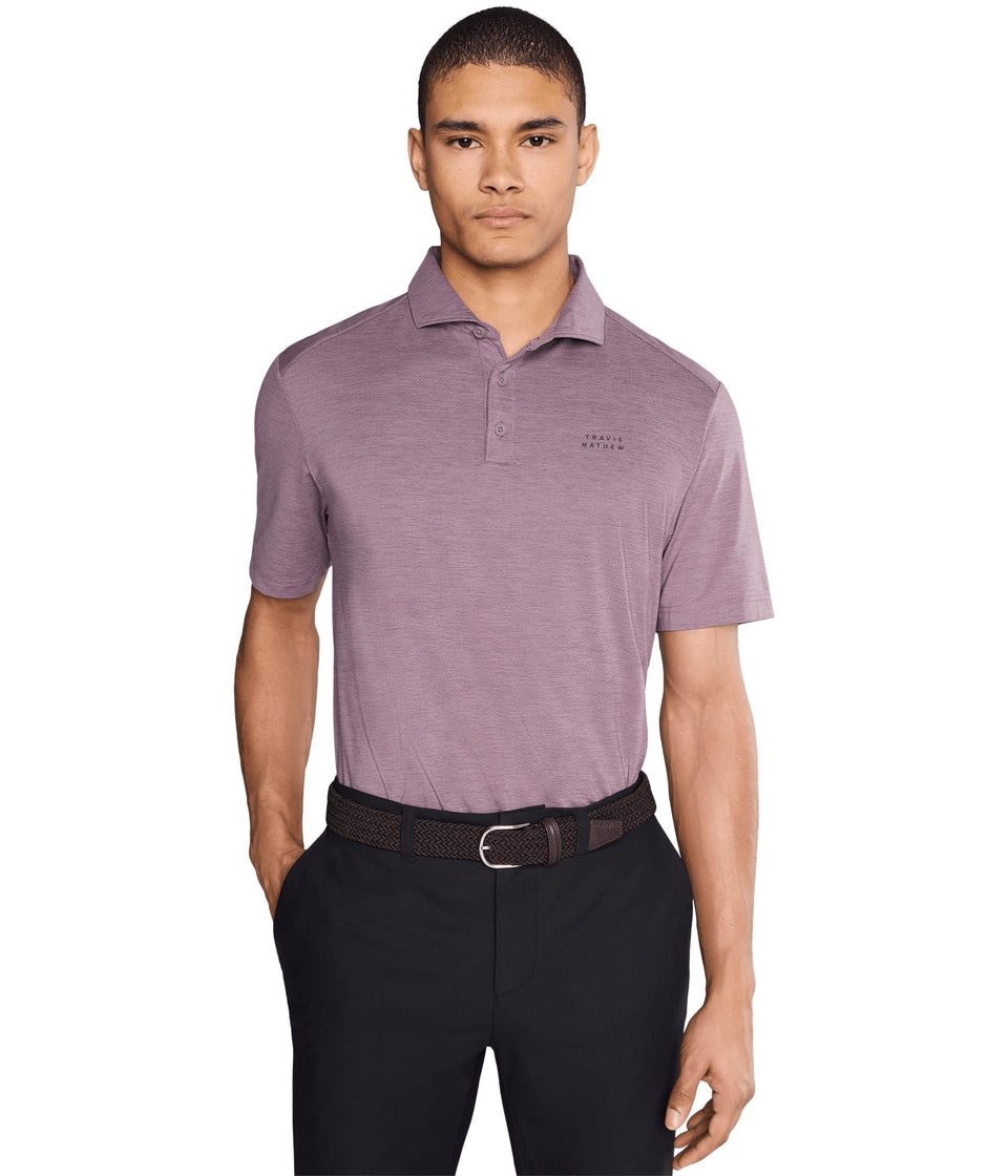 TravisMathew Heater Active Polo Moonscape front view shows breathable fabric