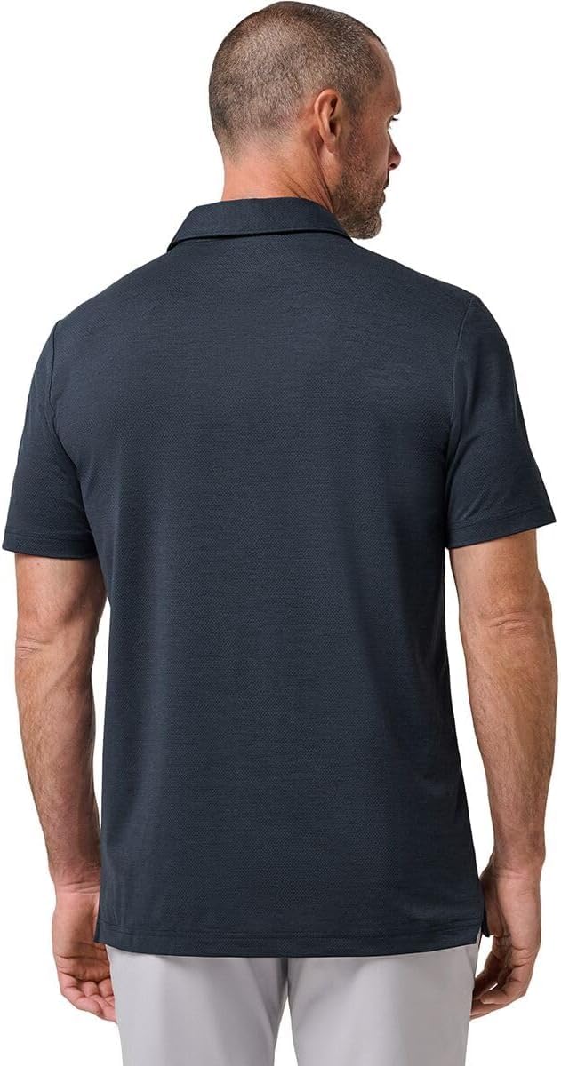 TravisMathew Heater Active Polo Total Eclipse; side view highlighting a sleek profile for all-day wear.