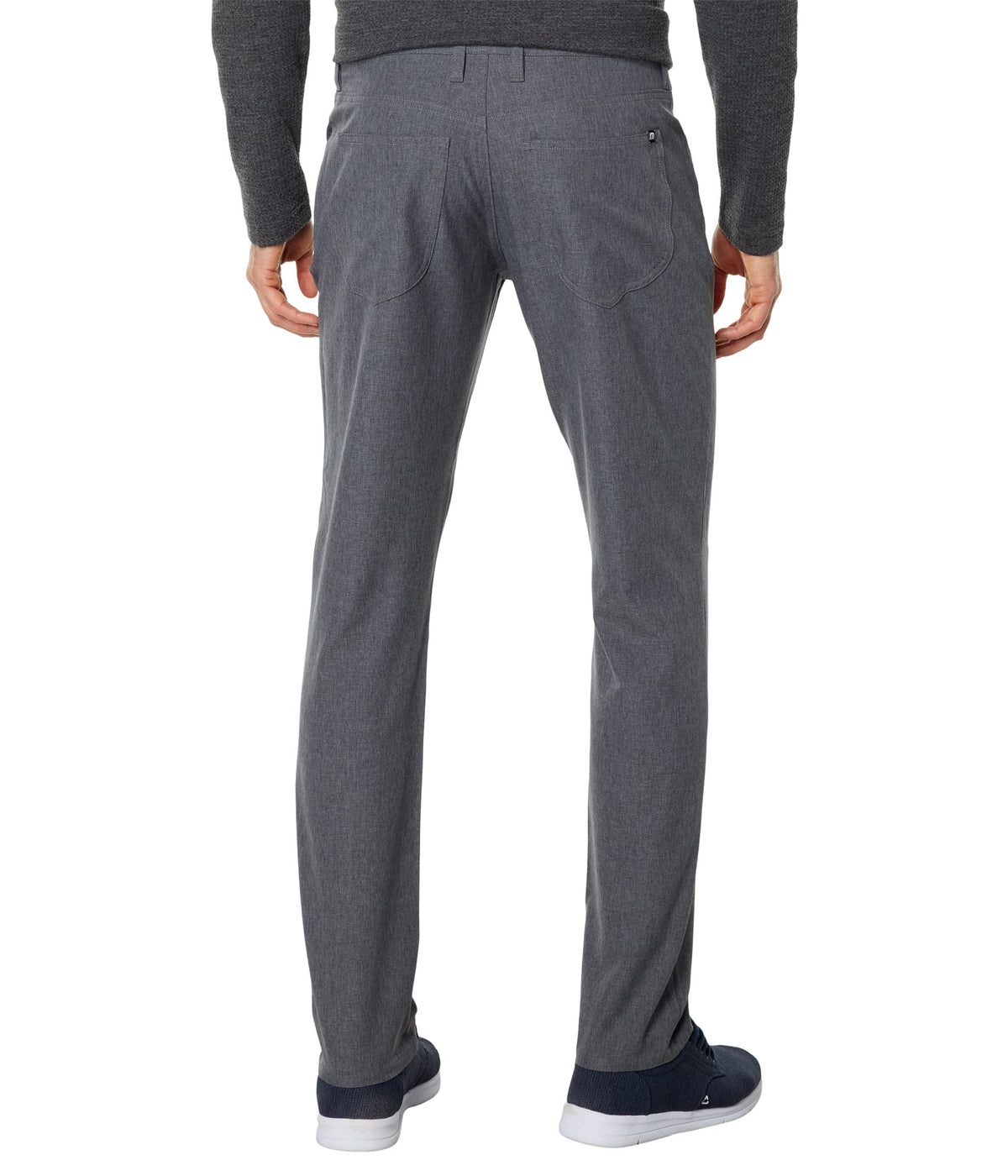 TravisMathew Open to Close pants waistband detail in Heather Dark Grey highlighting stretch.