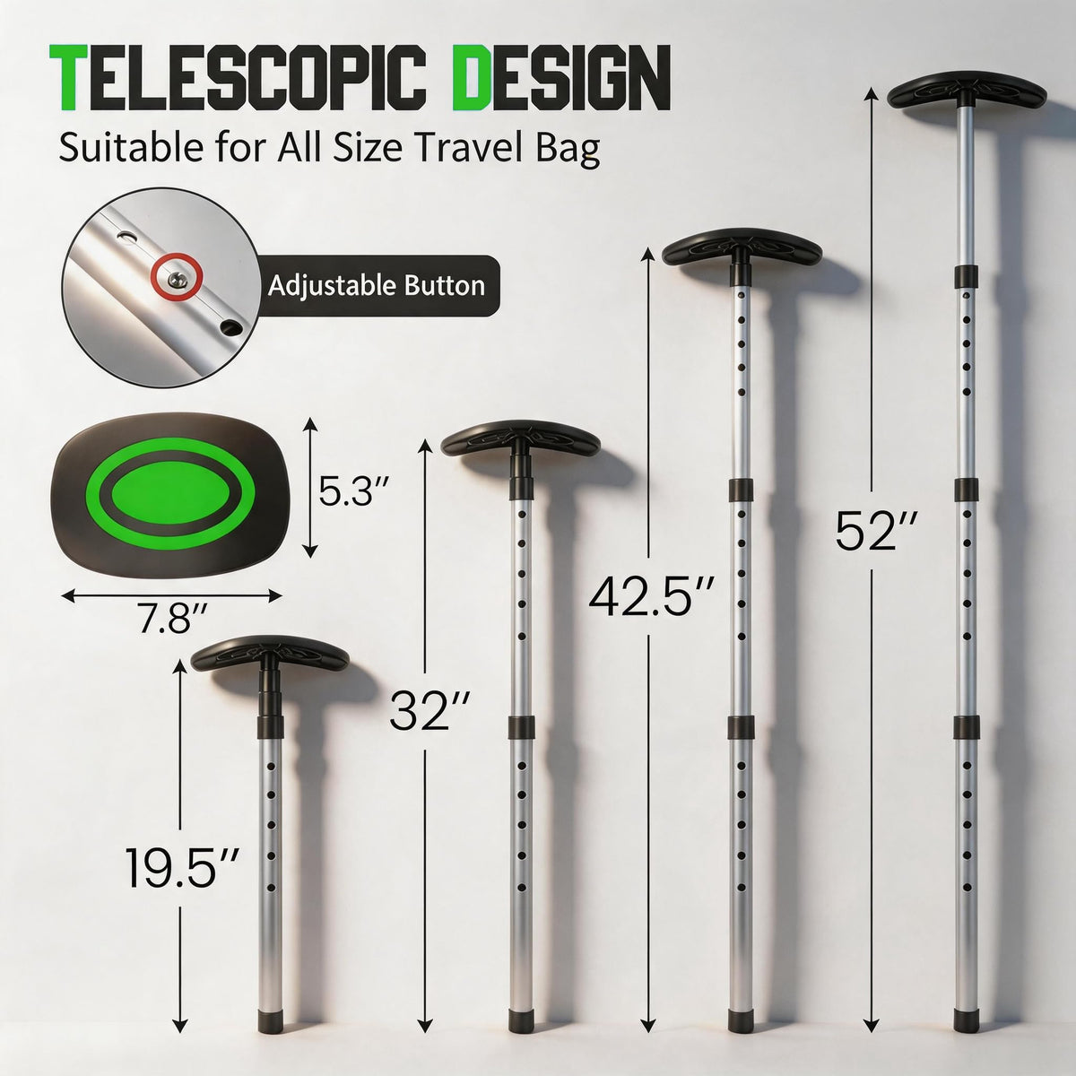 Treasdamic four-section telescopic pole allows precise height adjustments.