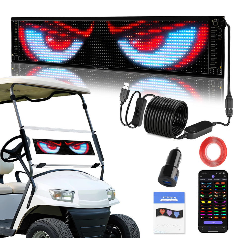 TRINKA golf cart devil eyes LED sign front view with bright daytime and nighttime visibility.