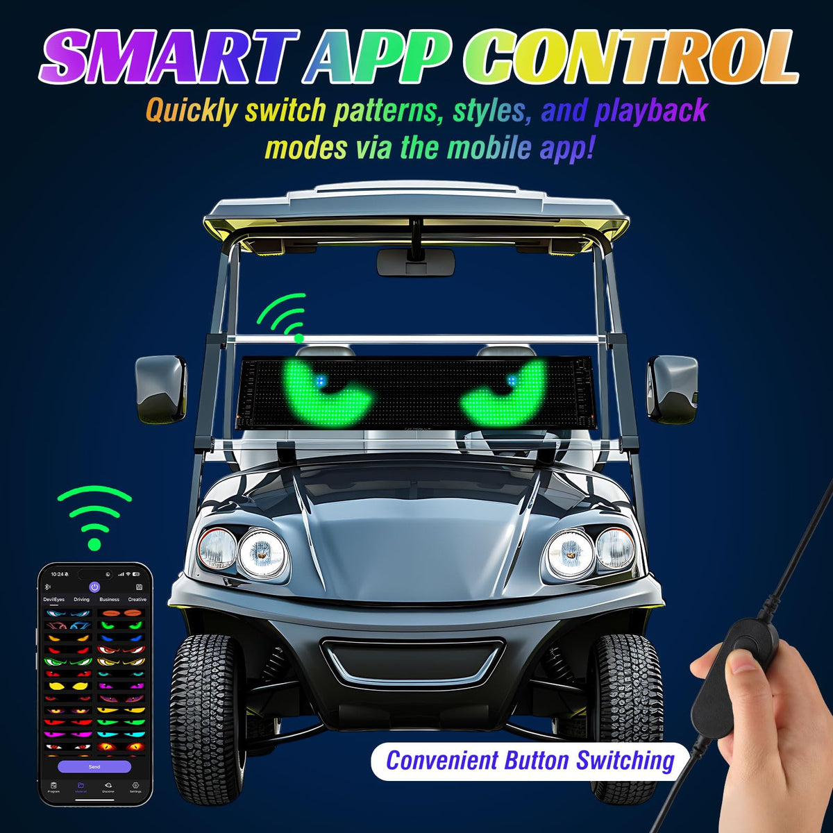 TRINKA golf cart devil eyes LED sign side view showing flexible panel on windshield.