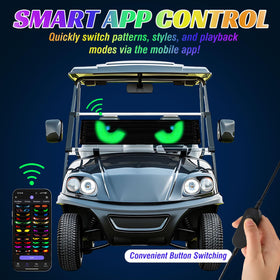 TRINKA golf cart devil eyes LED sign side view showing flexible panel on windshield.