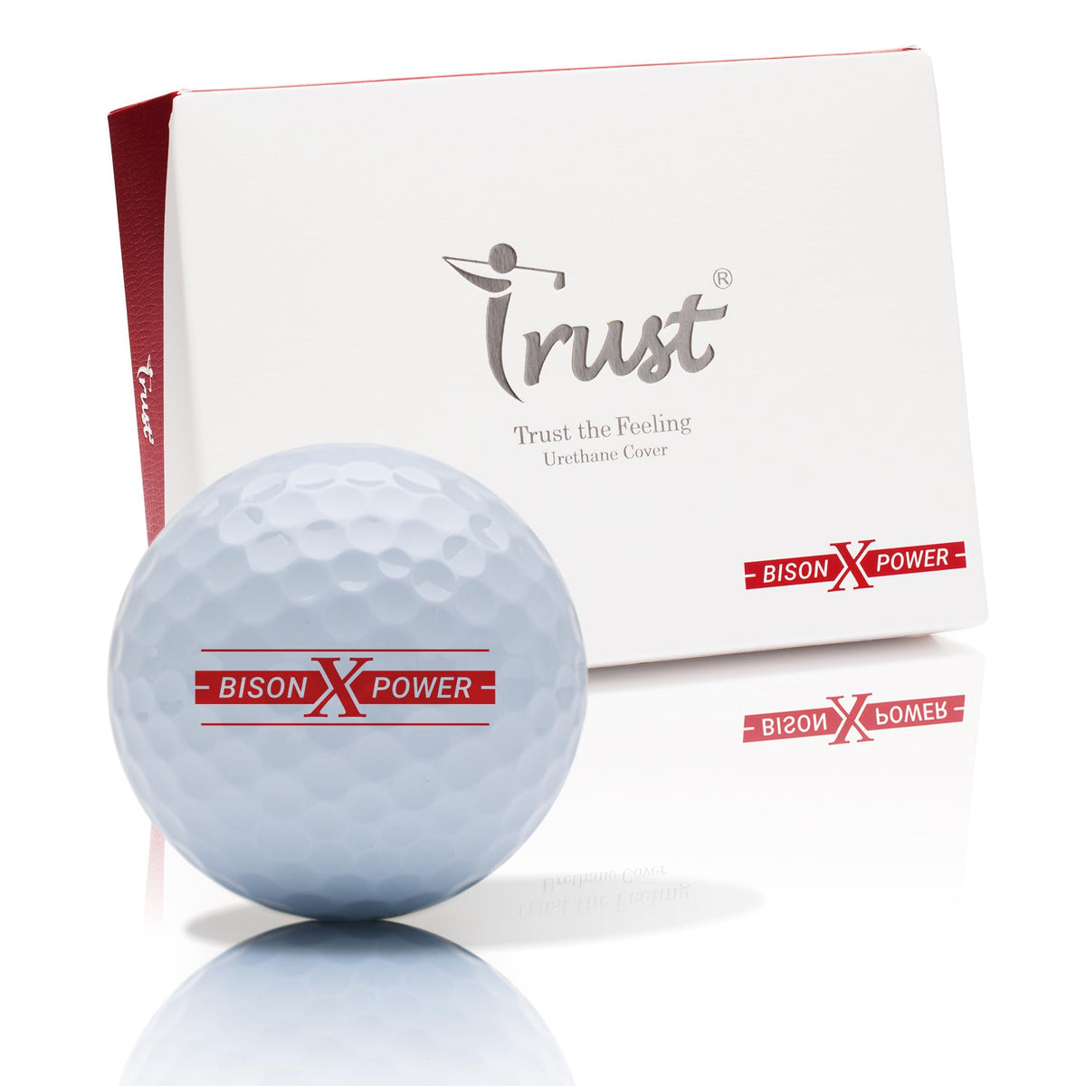 Trust Bison X Power ball front-label emphasizes premium urethane cover for greenside spin.