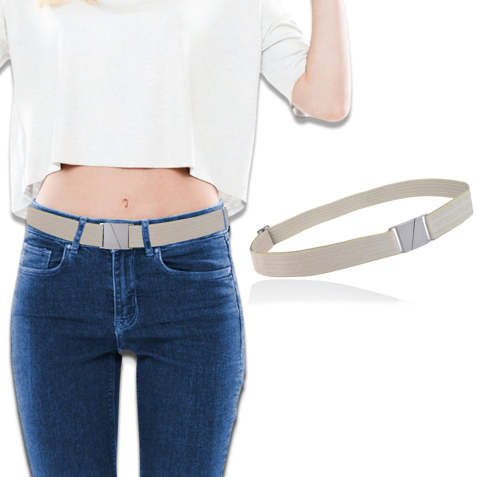 Truth KARMA beige stretch belt worn at the waist for a smooth silhouette