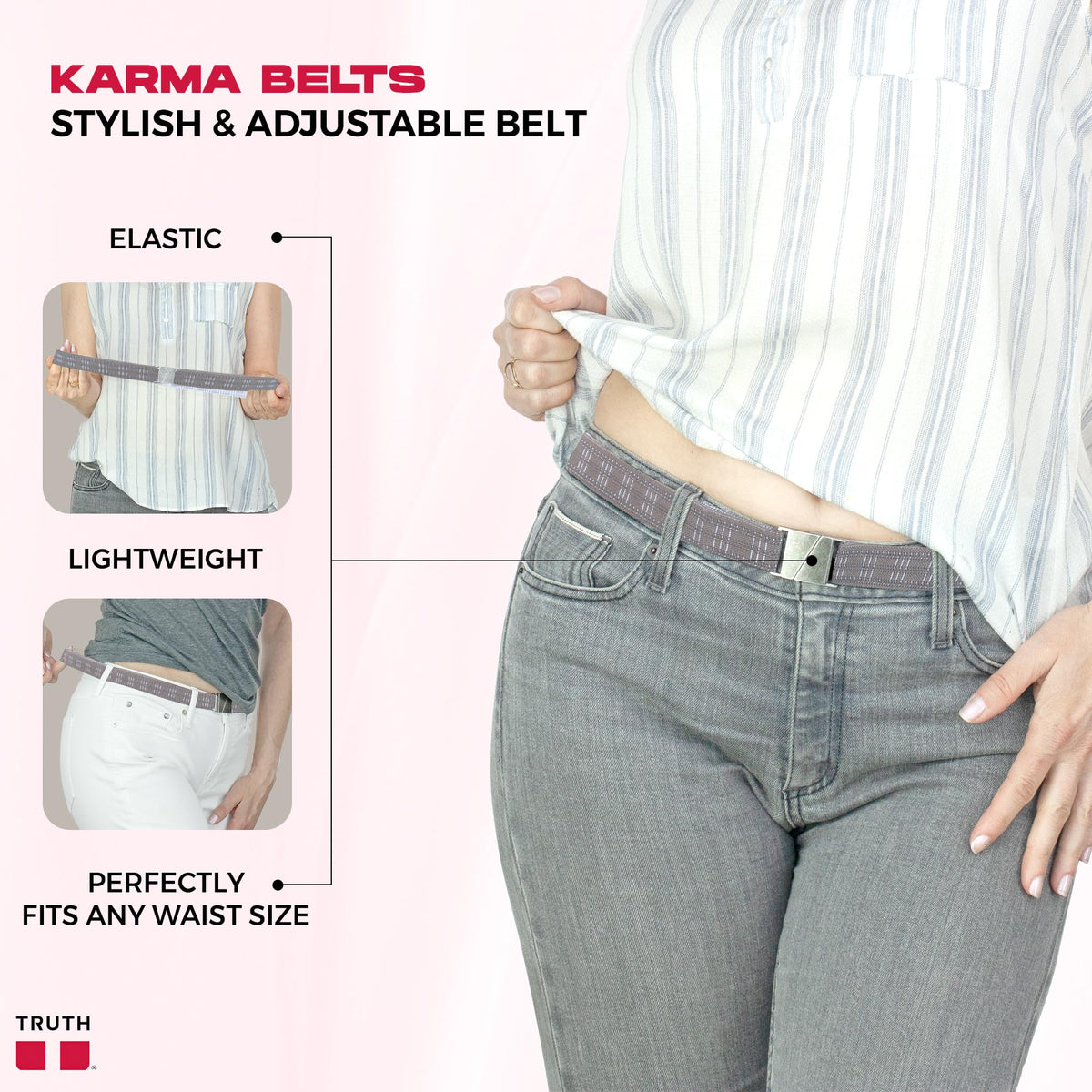 Truth KARMA-BROWN-LINES-M elastic detail closeup highlights comfortable stretch for all-day wear