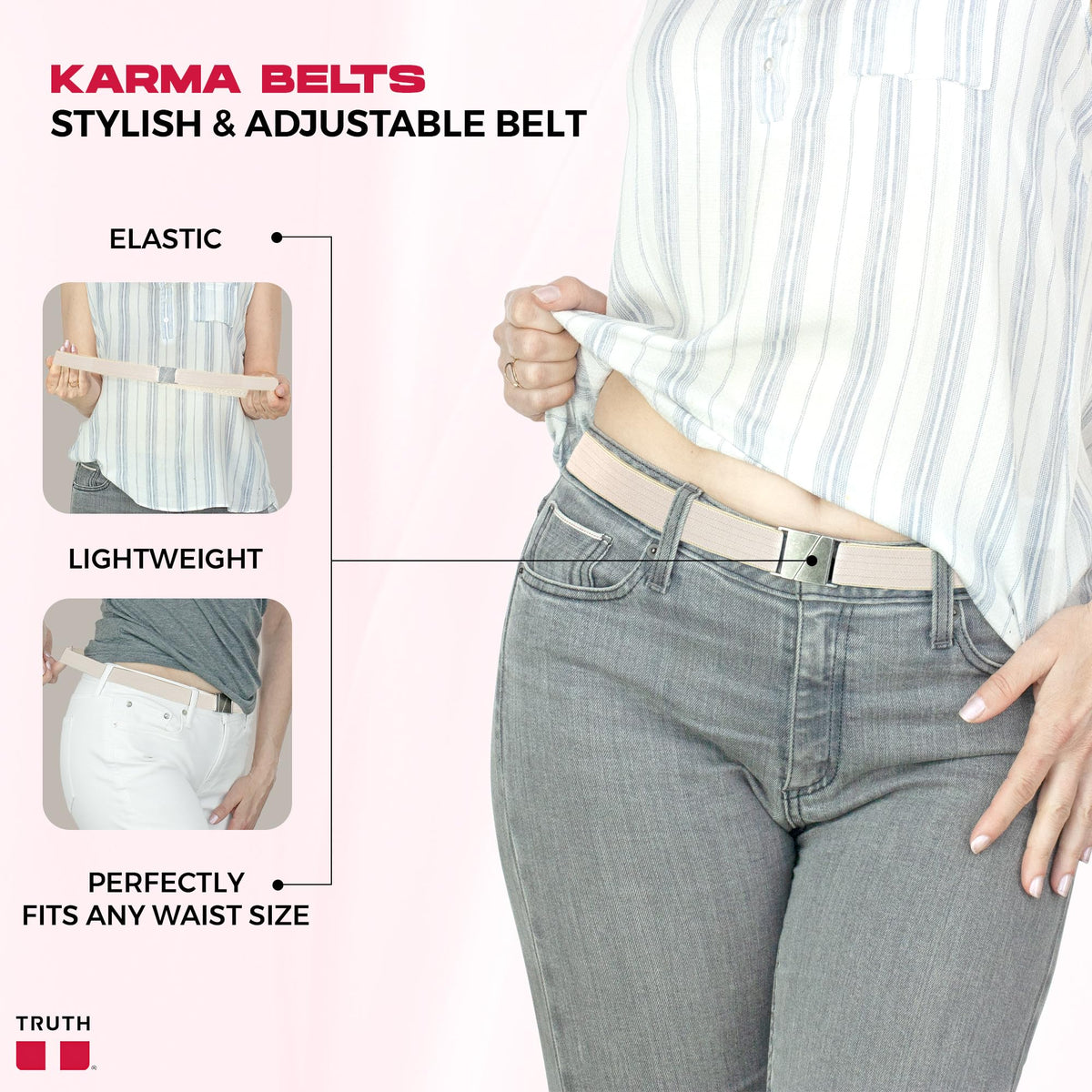 Truth KARMA elastic stretch detail shows flexible fitting for varying waist sizes