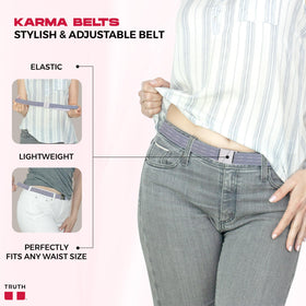 Truth KARMA adjustable stretch belt demonstrates flexible fit for fluctuating waist sizes.