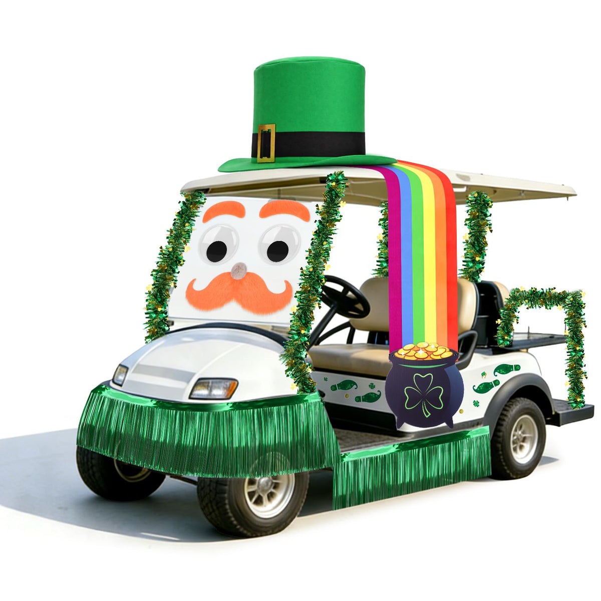 Tryly leprechaun hat on golf cart for festive parade visibility