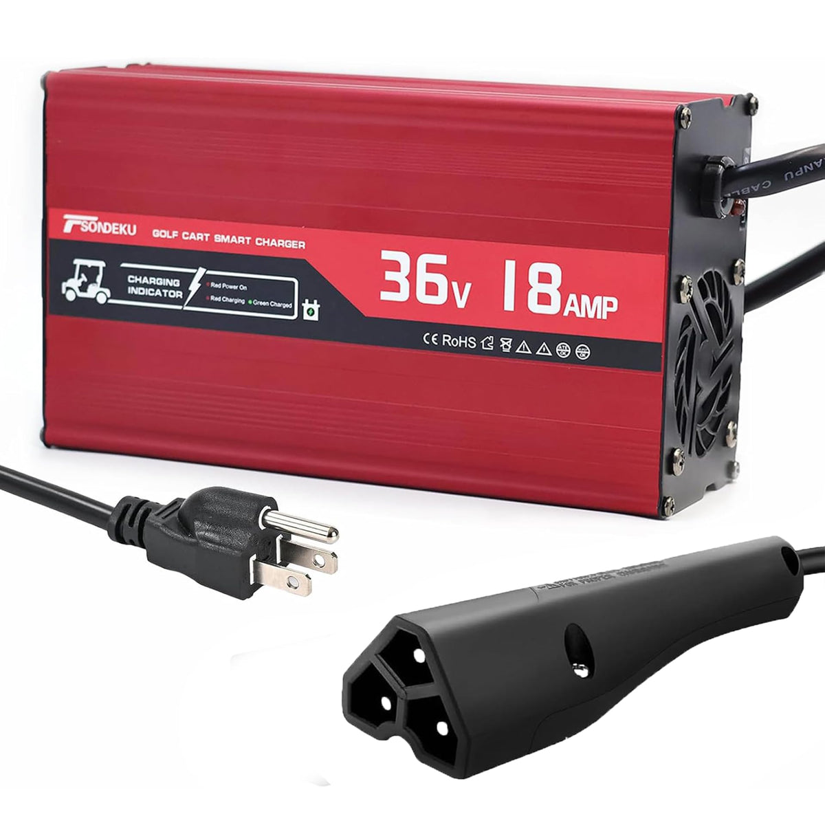 TSONDEKU 36V charger for EZGO RXV/TXT with 3-pin plug, fast charging.