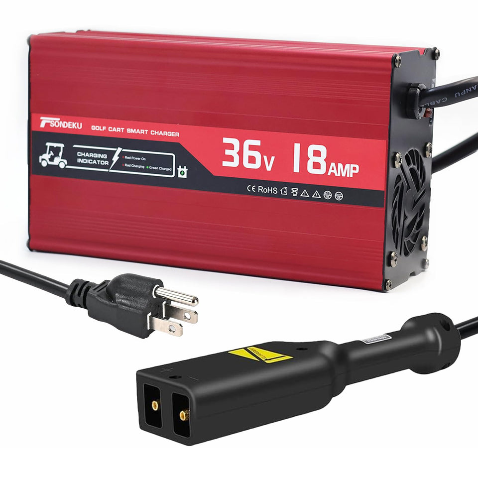 TSONDEKU 36V charger front view with red aluminum shell for EZGO TXT reliability.