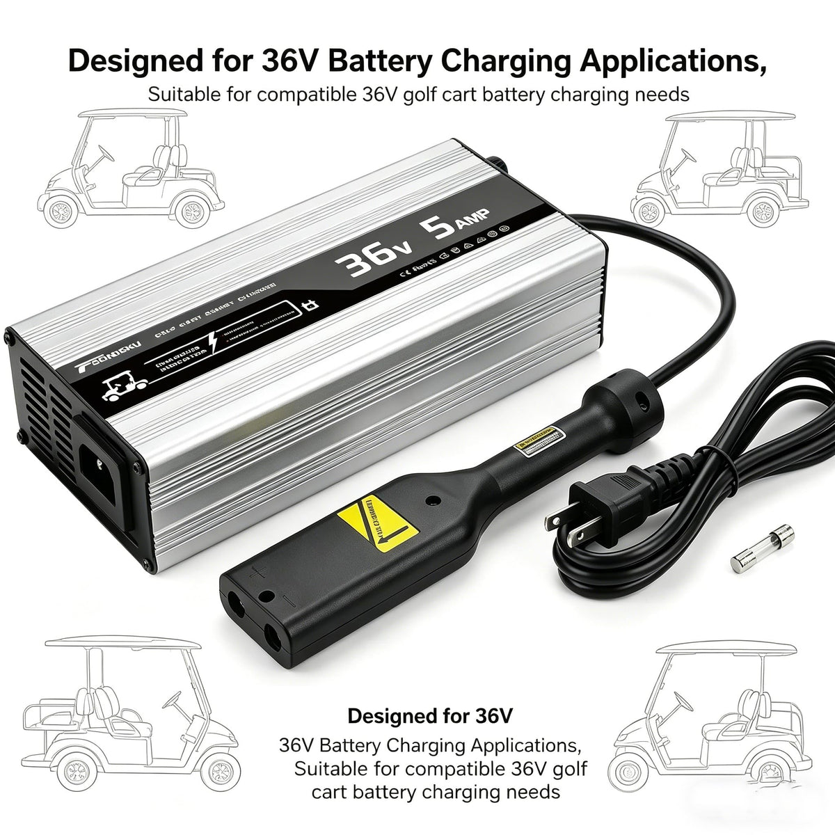 TSONDEKU compact charger stored in a golf cart storage area for travel ease.