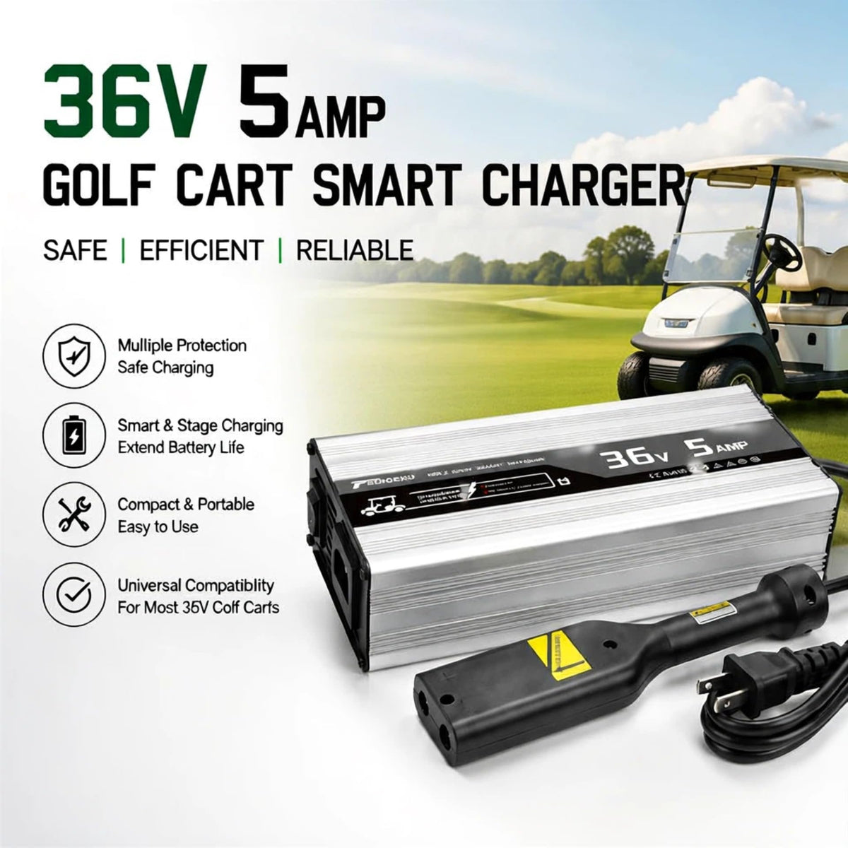 TSONDEKU overnight charger powers down safely, ideal for post-round charging.