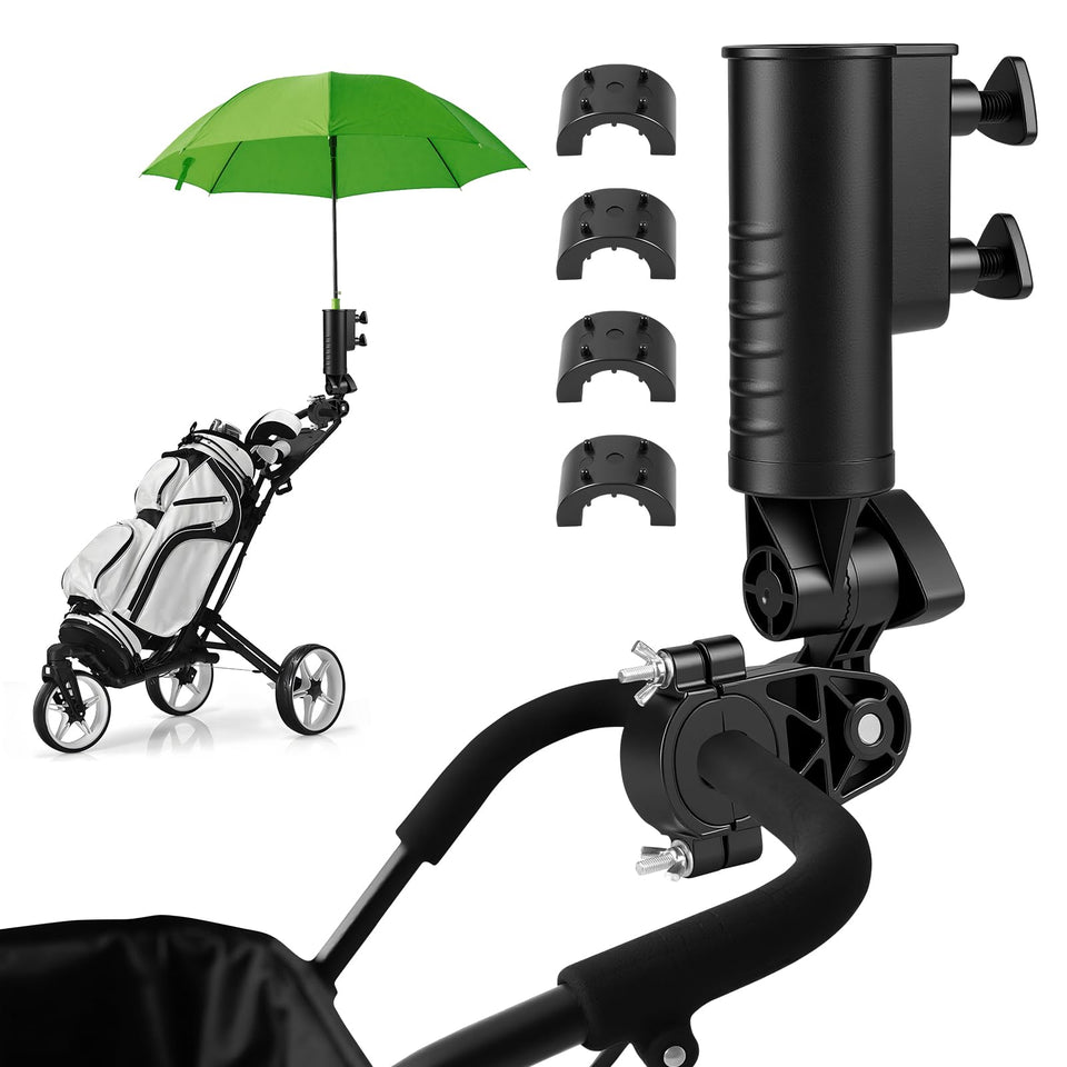T TGBROS golf push cart umbrella holder installed securely for steady shade on the course.
