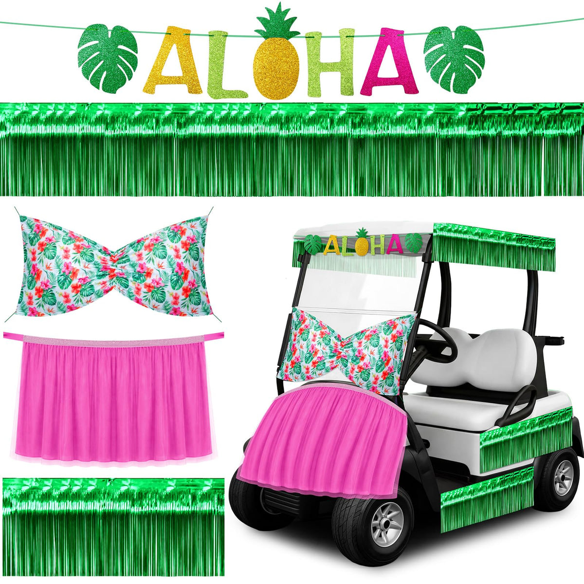 Tudomro Hawaiian pennant banner on a golf cart for a festive parade