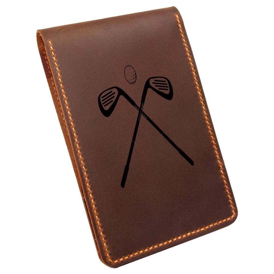 Turbosnail leather golf scorecard holder, front view, compact pocket design.