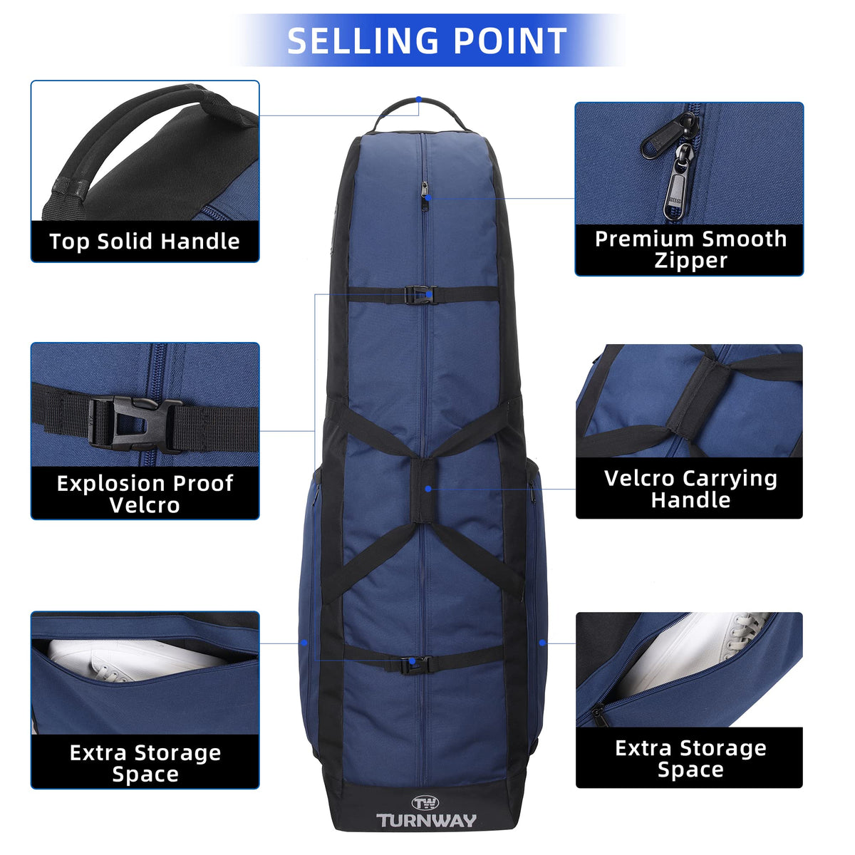 TurnWay blue foldable golf travel bag in car trunk for compact storage.