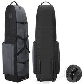 TurnWay foldable golf travel bag gray exterior with rugged wheels for easy club transport.