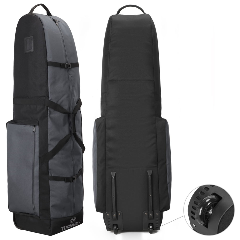 TurnWay foldable golf travel bag gray exterior with rugged wheels for easy club transport.