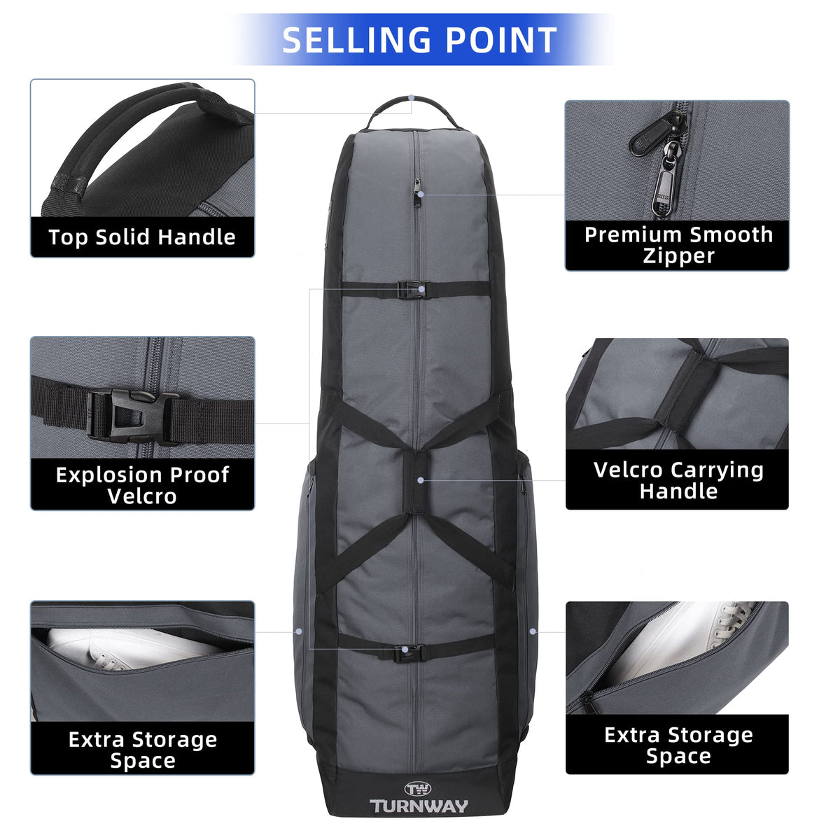 TurnWay golf travel bag gray interior shows spacious room for a full club set and gear.