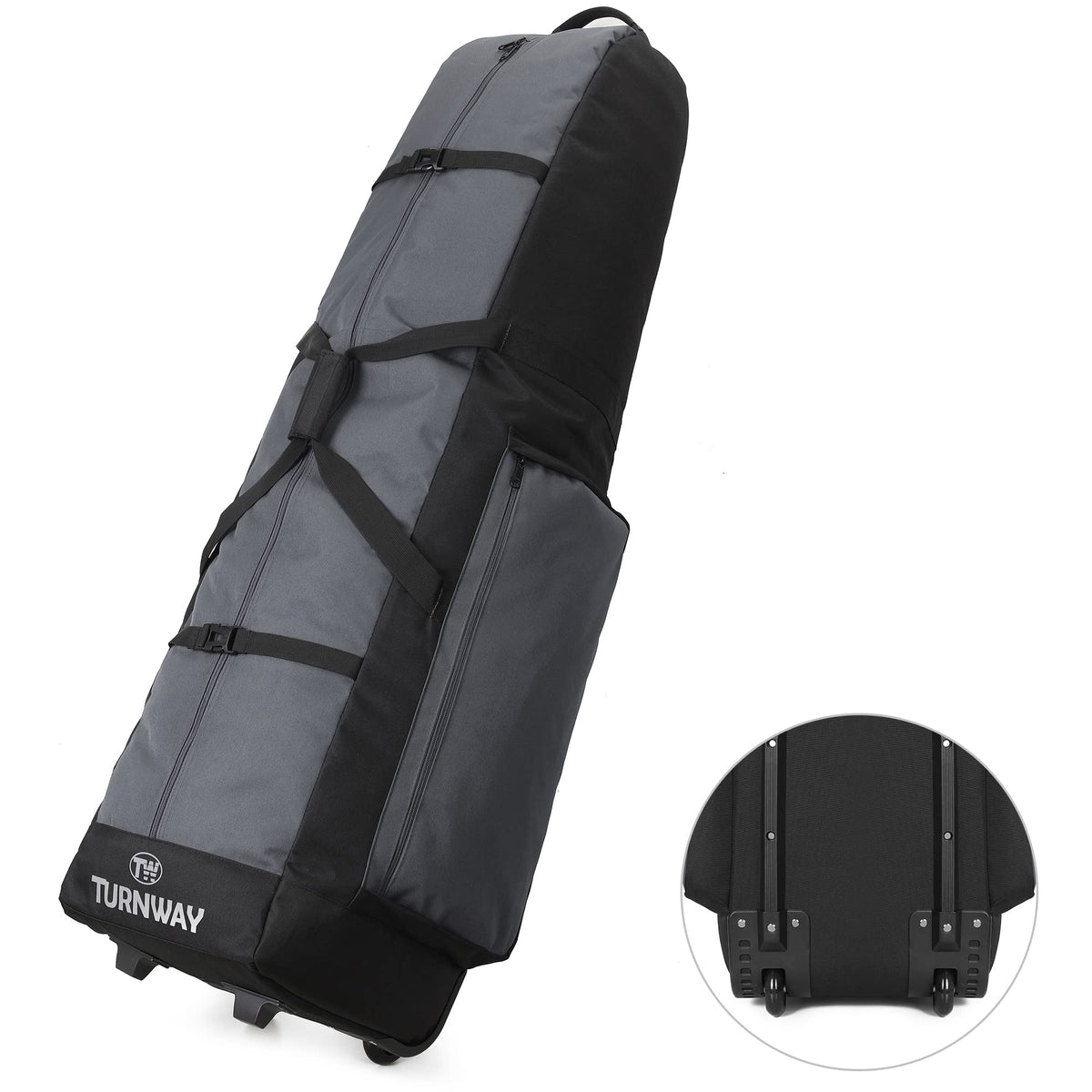 TurnWay gray wheels on golf travel bag enable smooth moves through airports and hotels.