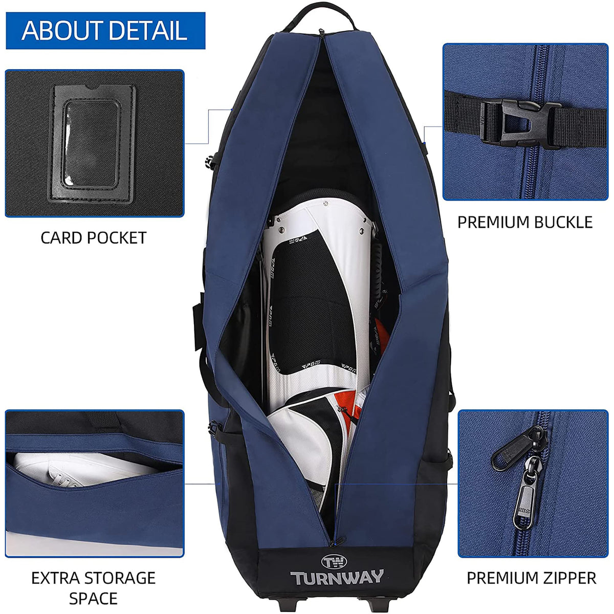 TurnWay foldable golf travel bag wheels for easy transport at the course.