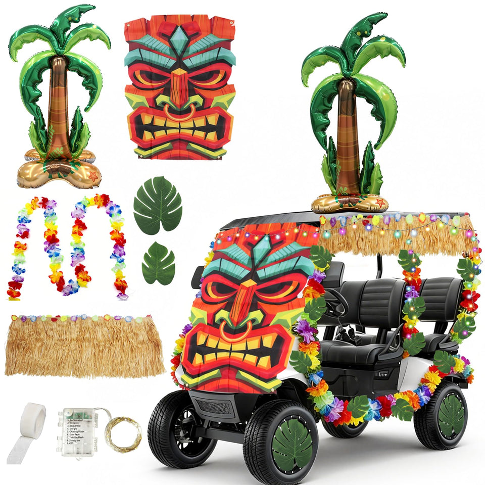 TUSAUW grass skirt wraps the golf cart for a tropical Luau look with fringe detail.