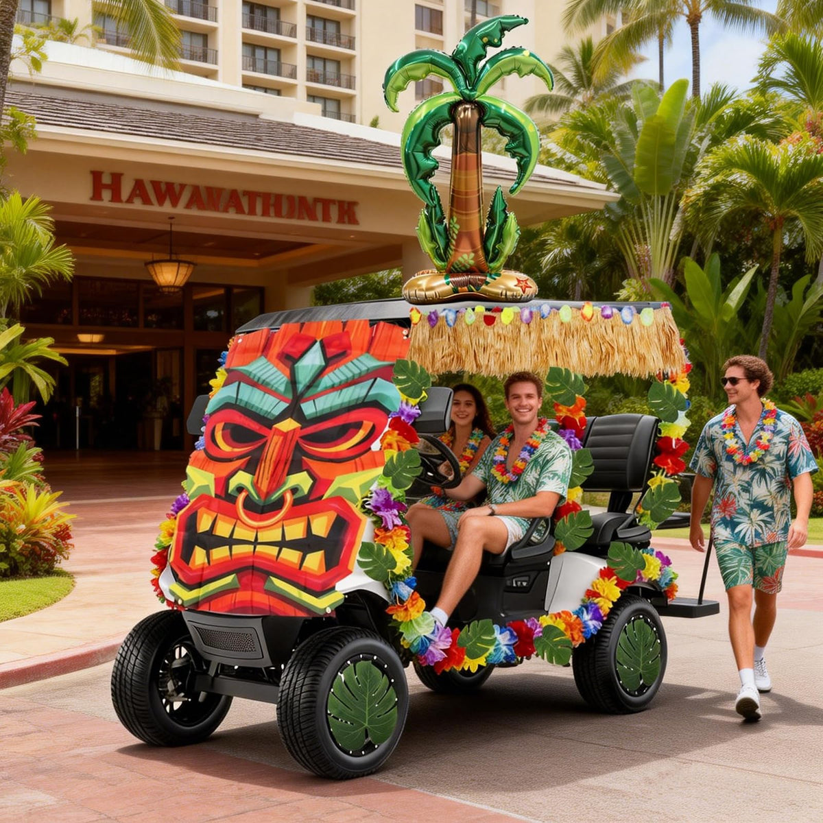 TUSAUW summer Luau kit transforms most golf carts quickly and stylishly.