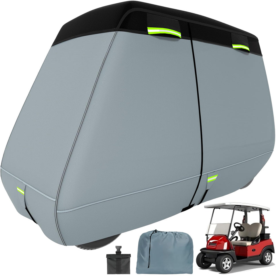 Tuszom Ultra Thick cover front view protecting a 2/4/6 passenger golf cart from rain