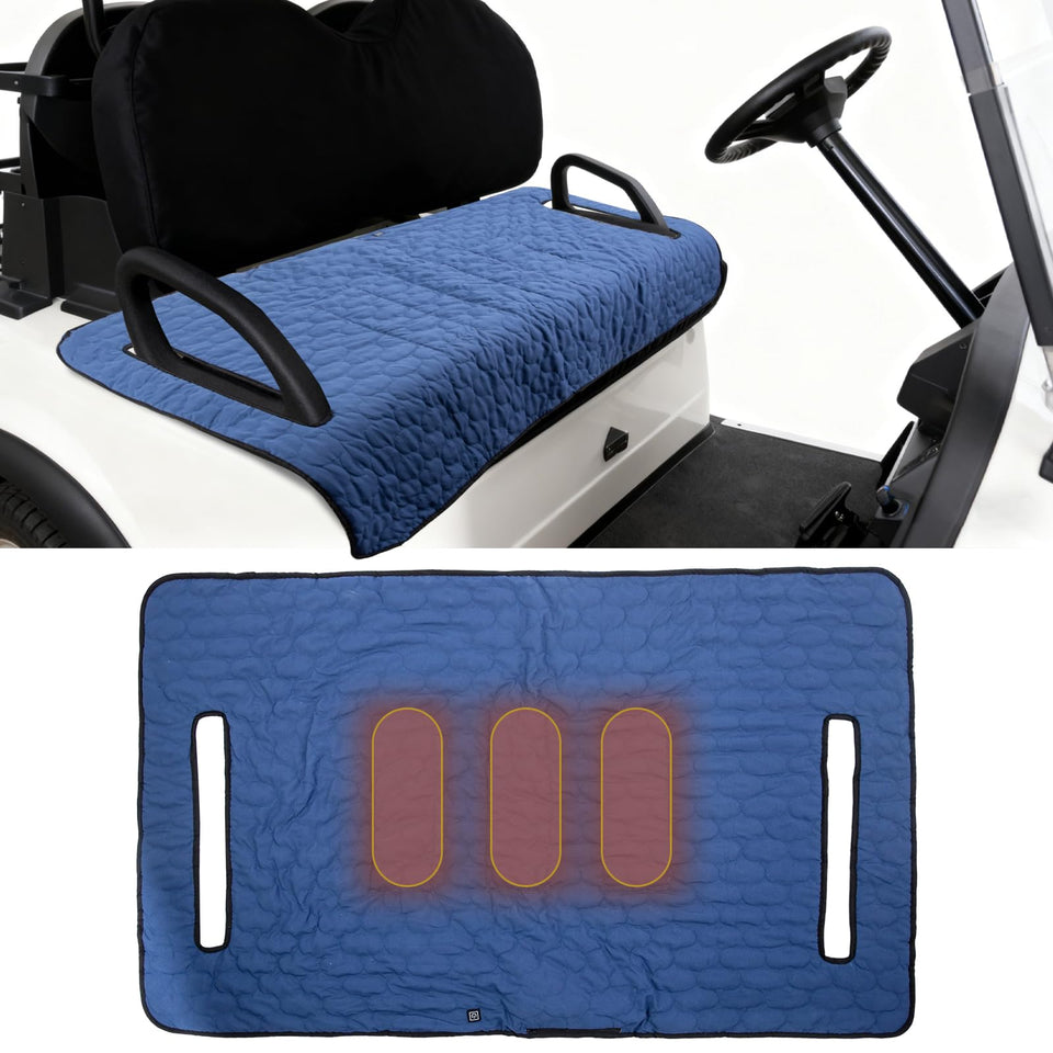 TUYUU heated seat cover on two-person golf cart seats offers warm comfort on cool mornings.