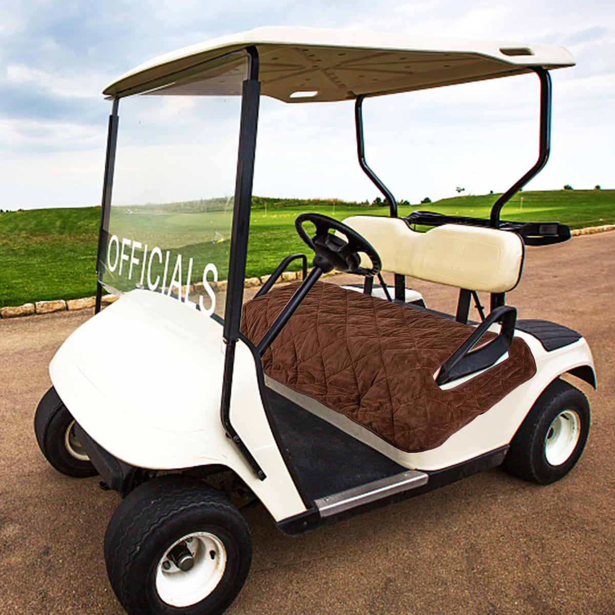 TUYU universal-fit golf cart seat cover demonstrating quick, easy installation.