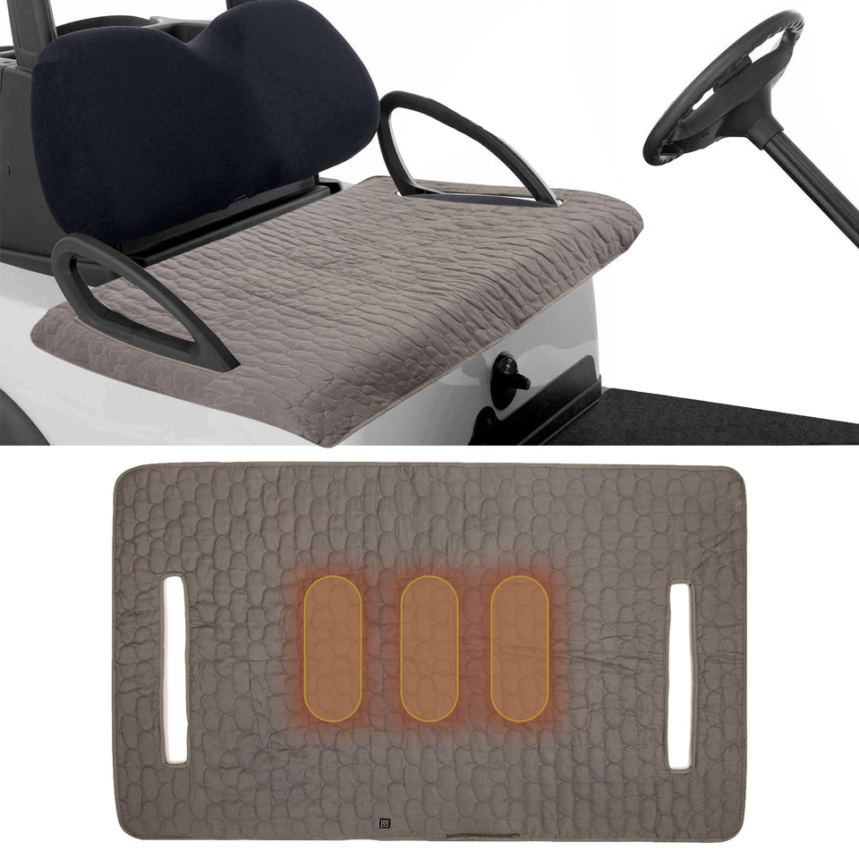 TUYU heated golf cart seat cover with left heating pad provides cozy warmth on cool mornings.