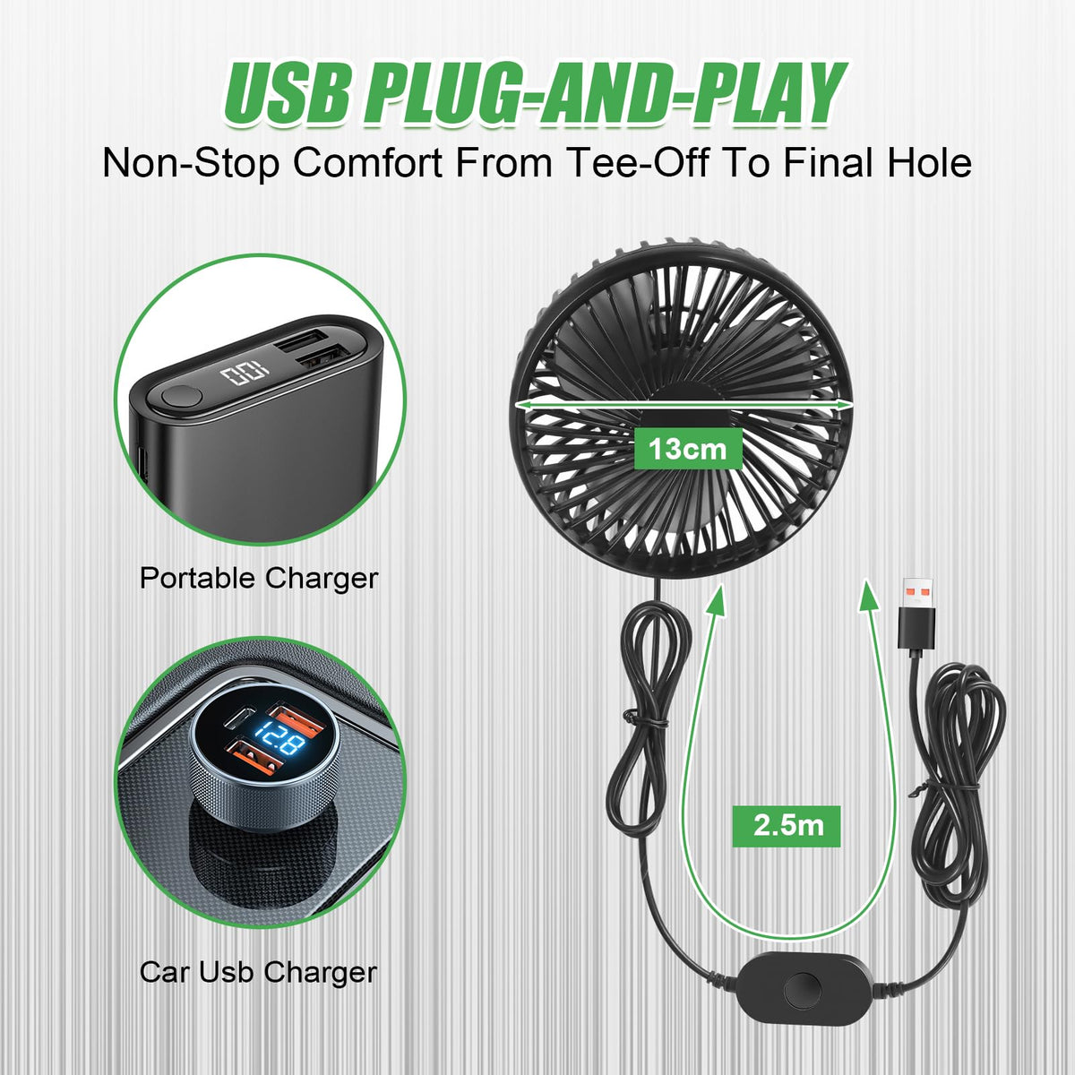 UJG golf cart fan on round pole clip base enables versatile mounting and cooling.