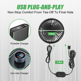 UJG golf cart fan on round pole clip base enables versatile mounting and cooling.