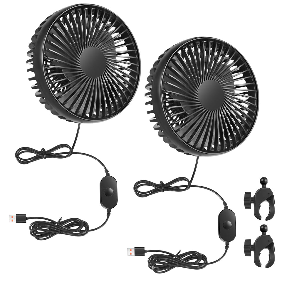 UJG golf cart fan with clip-base on square pole for stable outdoor cooling.