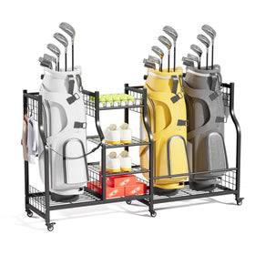 Ultrawall golf bag storage rack with wheels keeps golf gear organized and portable