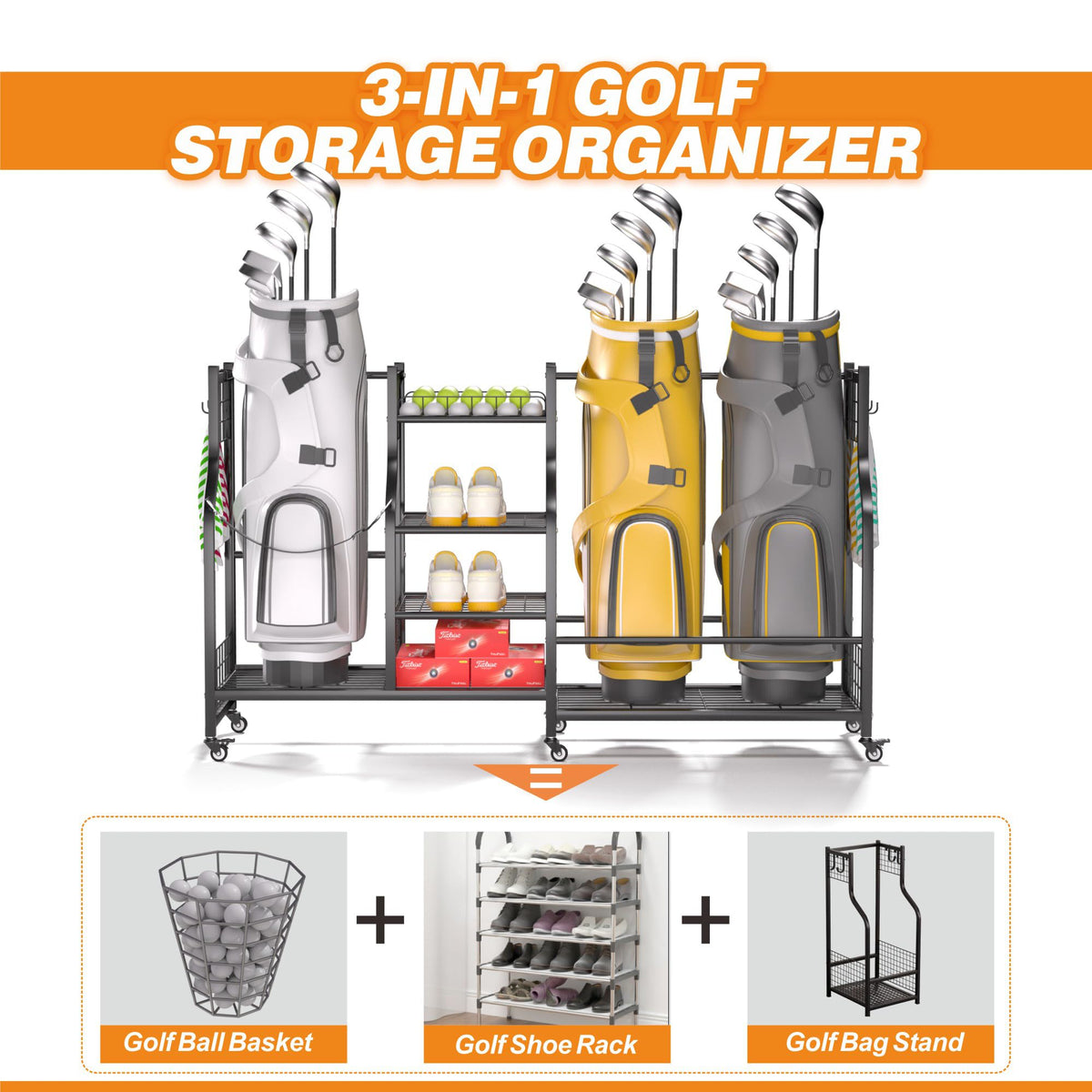 Ultrawall multi-tier shelves store balls, shoes, and gloves neatly