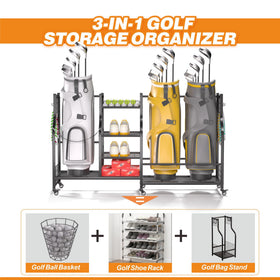 Ultrawall multi-tier shelves store balls, shoes, and gloves neatly