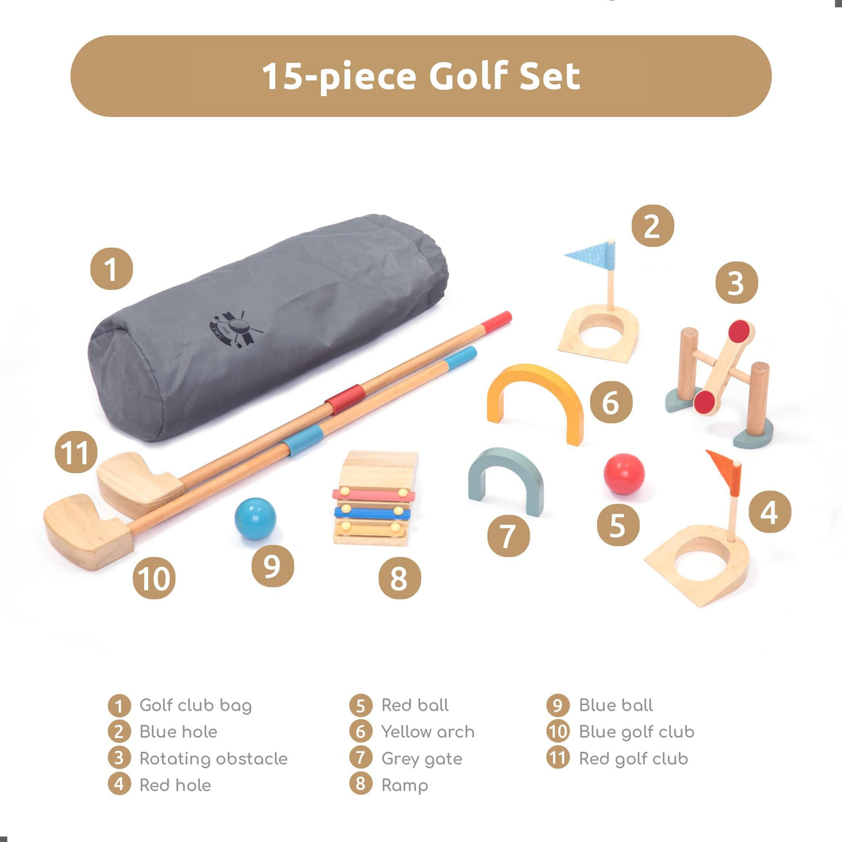 Umu wooden mini golf set — golf ball enables rolling practice on carpet or lawn.