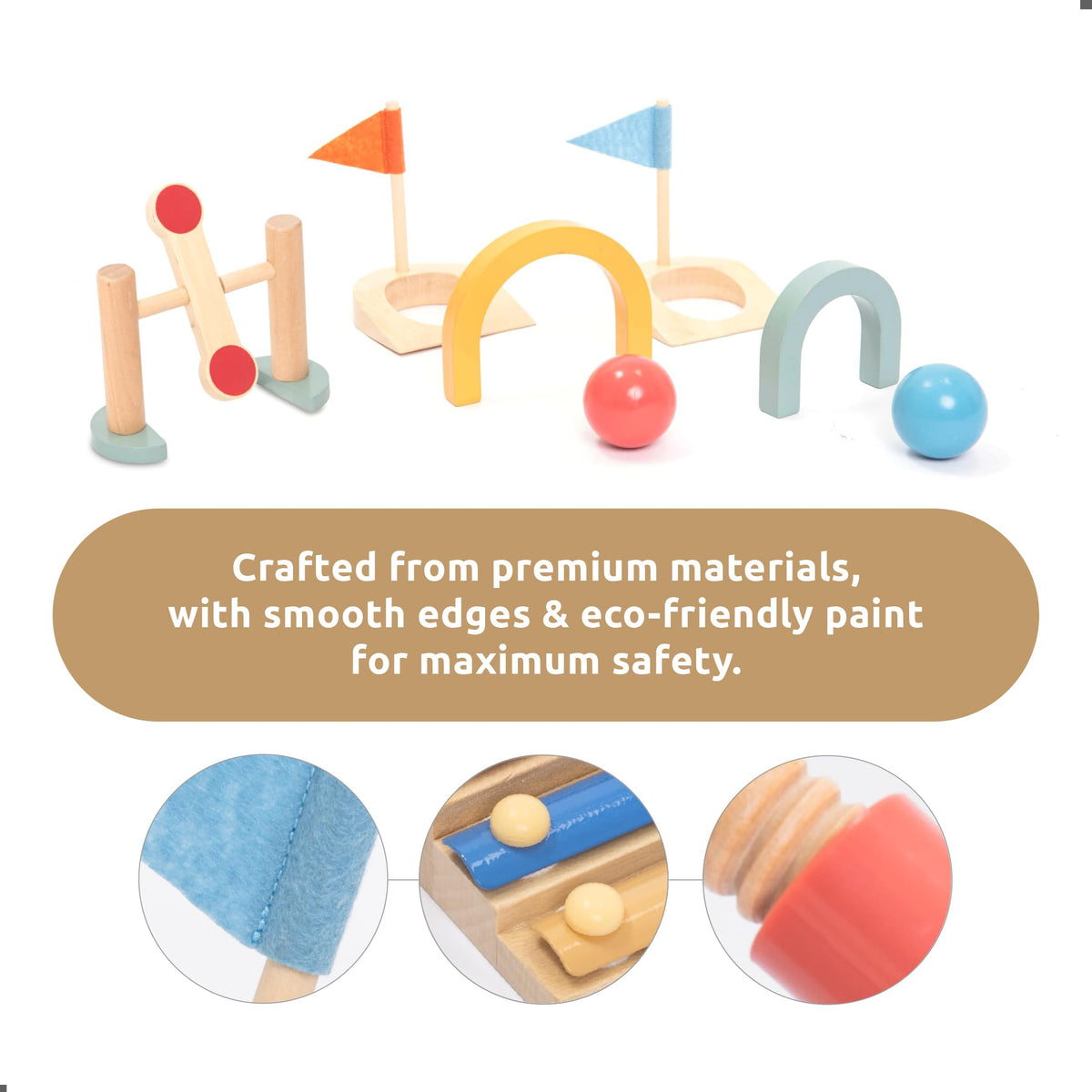 Umu wooden mini golf set — golf gate improves target accuracy during play.