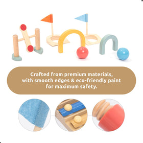 Umu wooden mini golf set — golf gate improves target accuracy during play.