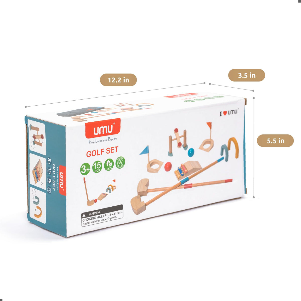 Umu wooden mini golf set — storage bag keeps components organized for travel.
