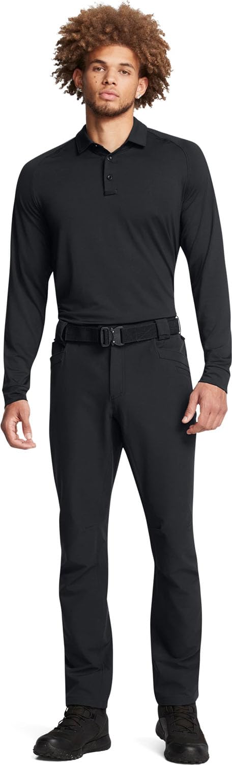 Under Armour Alpha flat front pant black, knee seam view demonstrates full range of motion.
