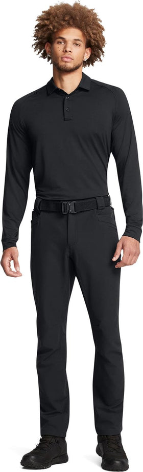 Under Armour Alpha flat front pant black, knee seam view demonstrates full range of motion.
