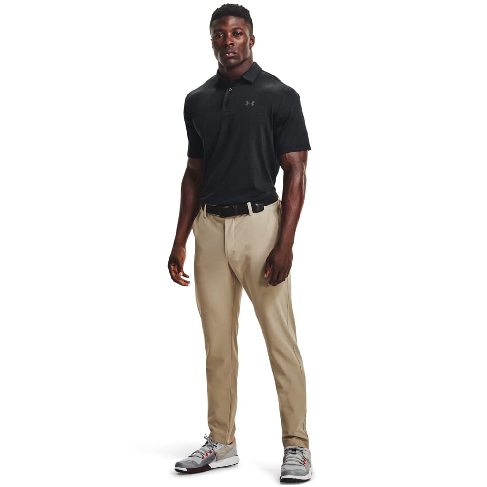 Under Armour Drive Pants back view in barley and white with tapered fit