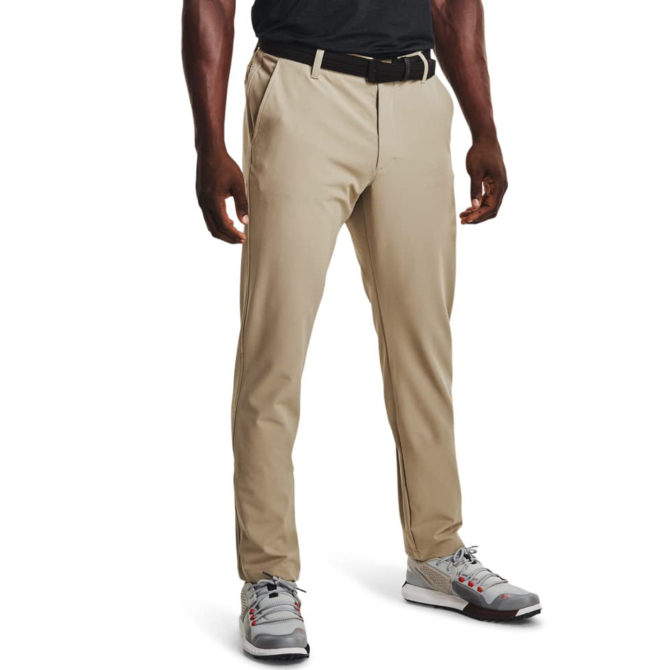 Under Armour Drive Pants front view in barley and white showing moisture-wicking comfort